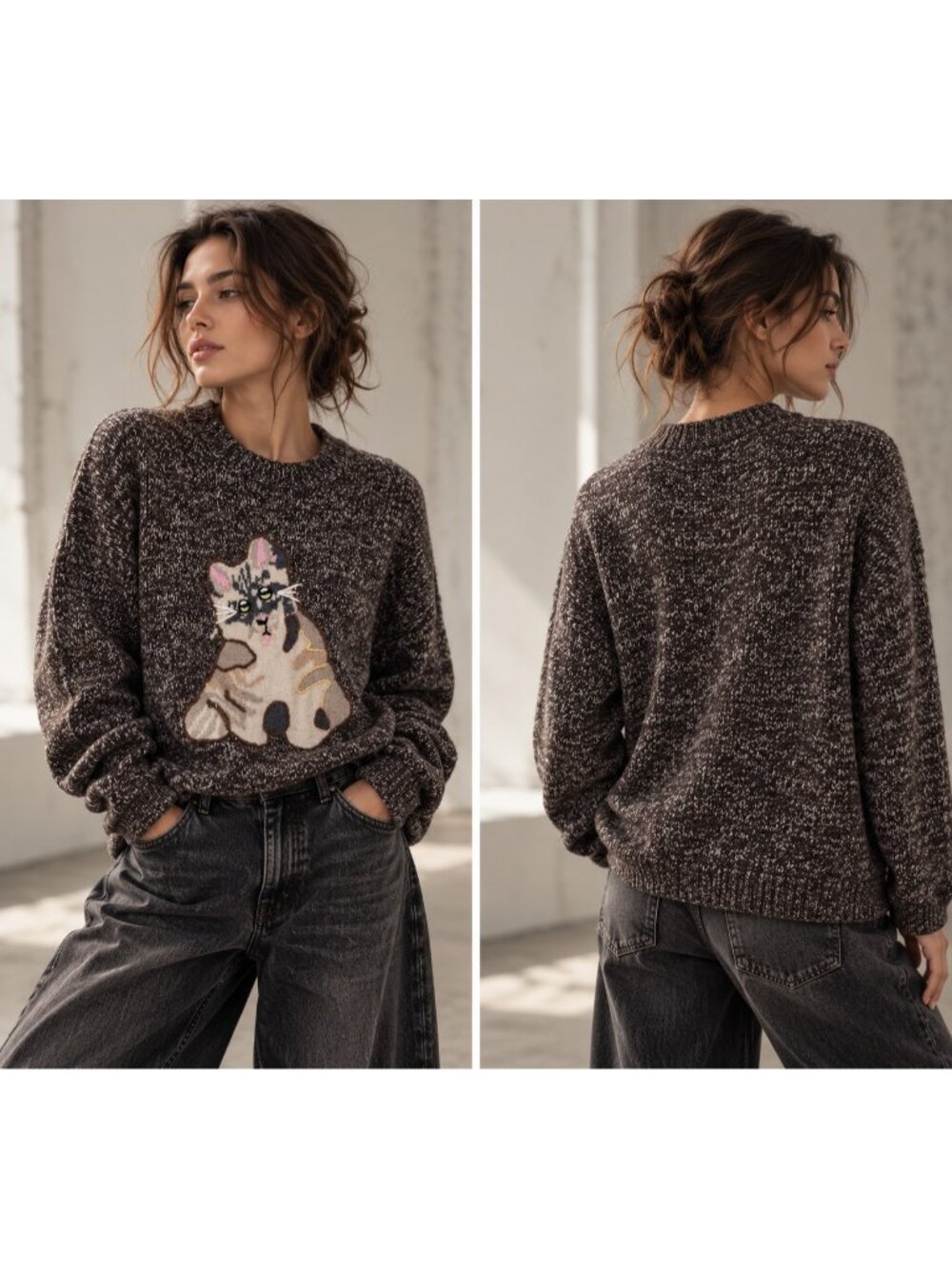 Women's 100% Cashmere Cat Applique Marled Brown Crewneck Sweater Size L